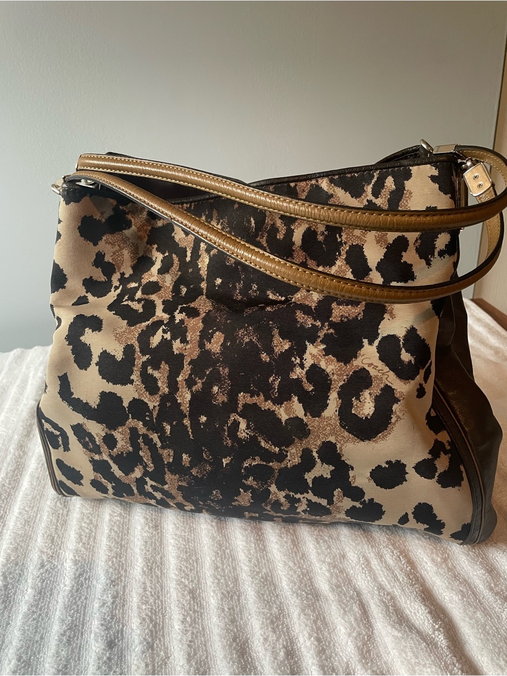 Coach Leopard-Print Shoulder Bag in Black & Cream with Gold Trim